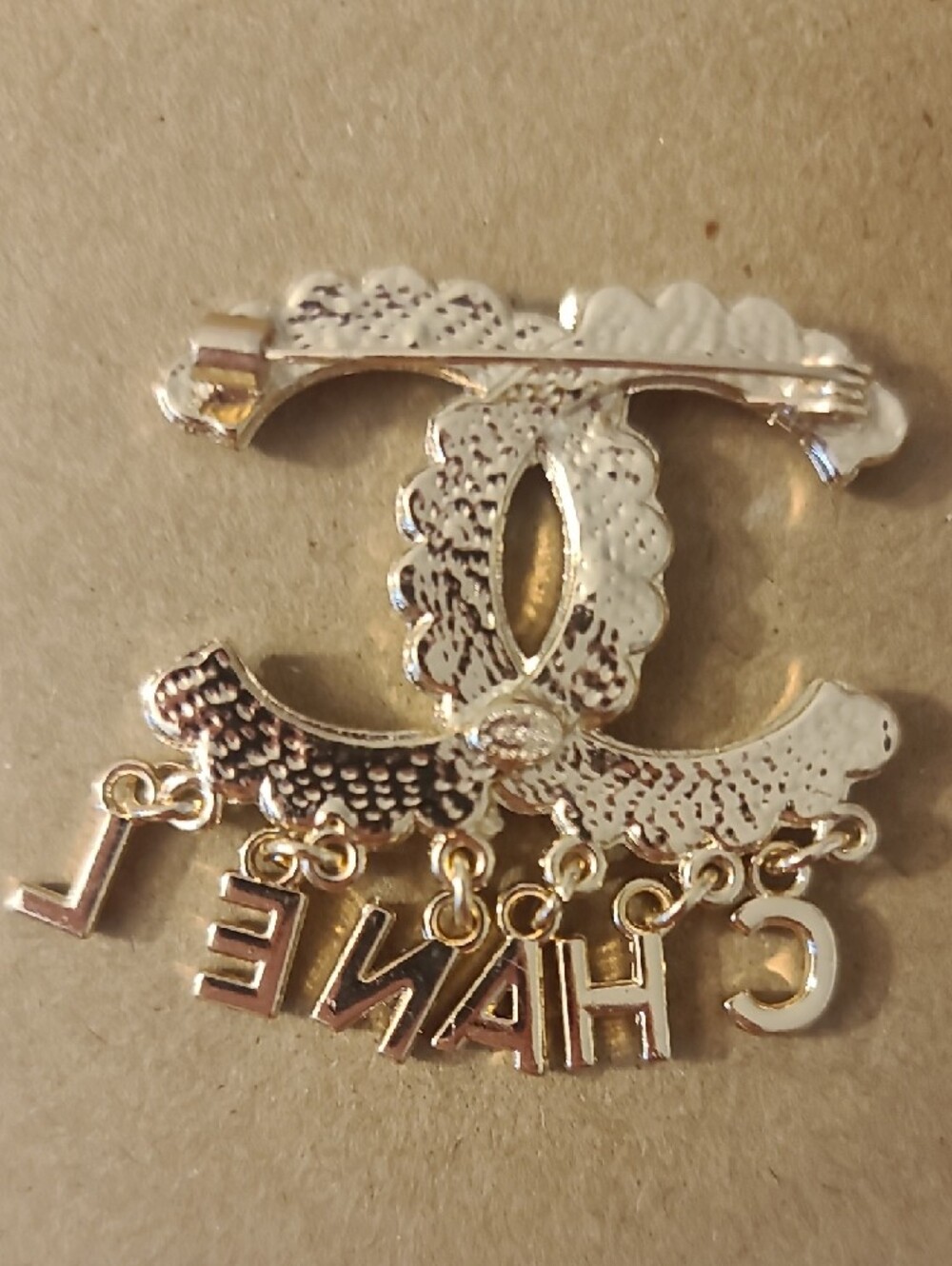 Fashion Jewelry Gold-Tone Crystal Double-C Logo Brooch with Dangling Letters - Picture 2 of 2